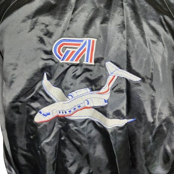 Vintage 80s Satin Snap Bomber Jacket Mens L Black Plane Aviation Flying - Picture 6 of 8